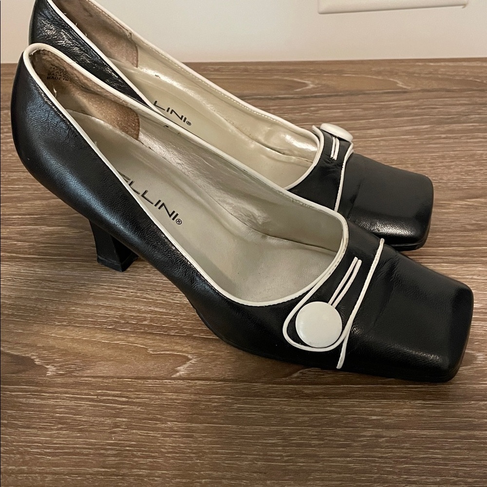 Bellini Shoes Women Size 9W Black White Trim Accents Mid-Height Heel Square Toe - Picture 1 of 10